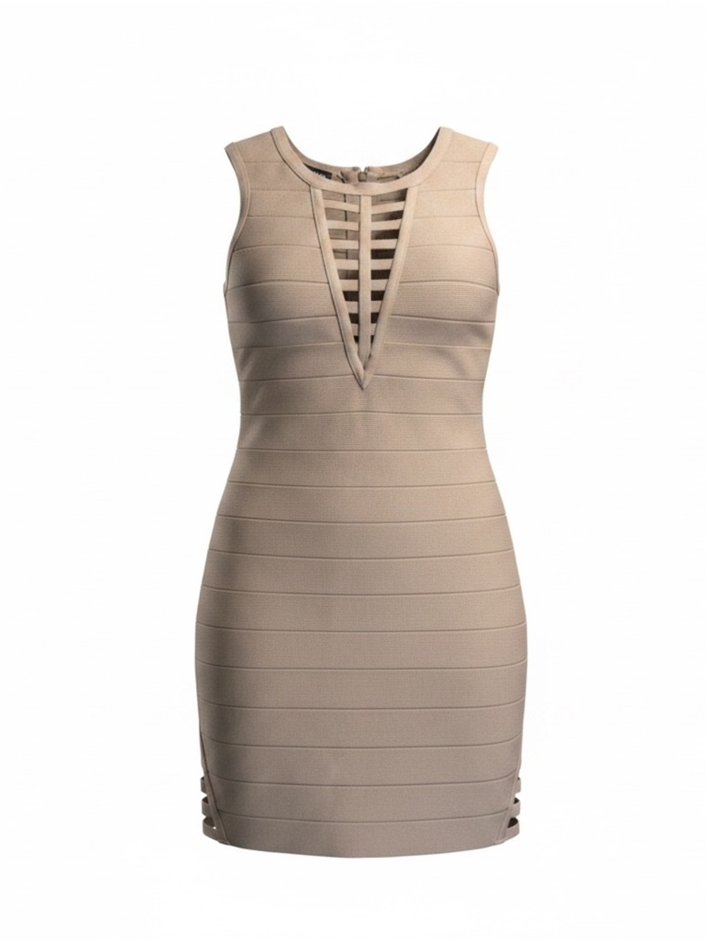 bebe Nude/Taupe Sleeveless Bandage Mini Dress with Lattice Front